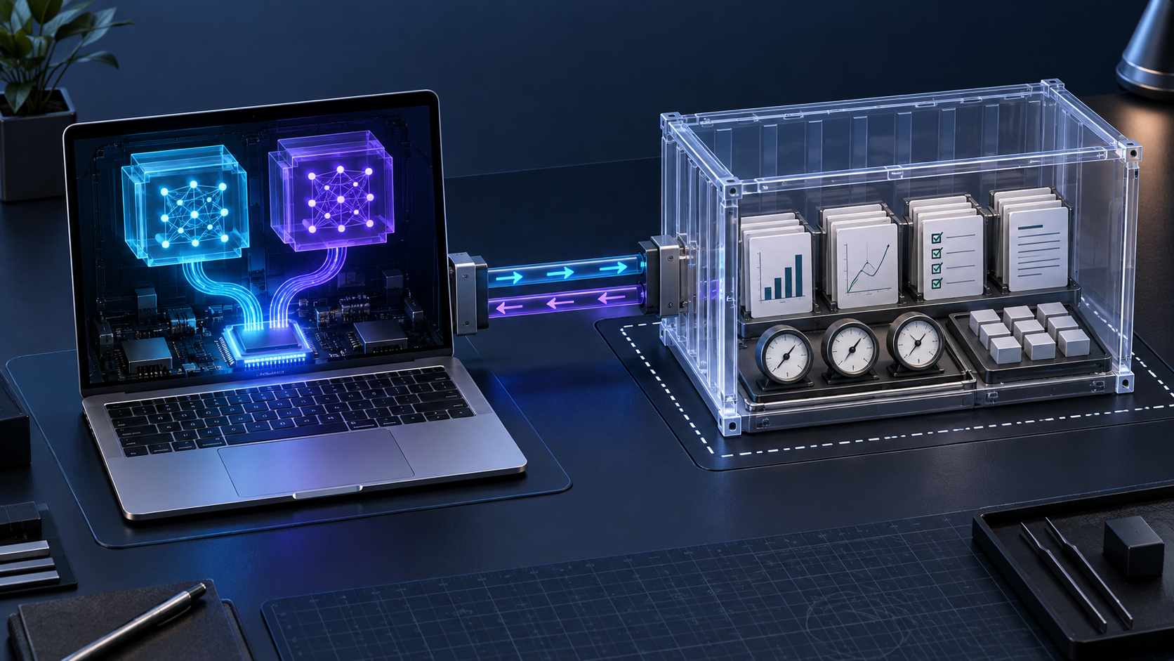 A Mac runs two local decision models beside an isolated Docker evaluator, connected without placing Metal inference inside the container.